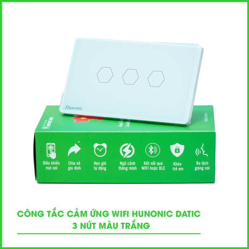 Công Tắc Cảm Ứng 3 Nút Wifi Hunonic Datic Màu Đen,trắng